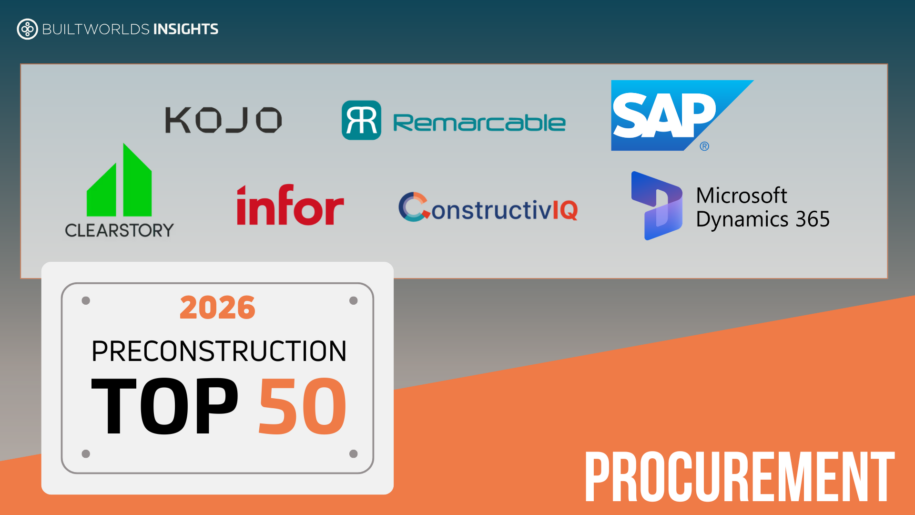 BuiltWorlds 2026 Preconstruction Top 50 list showing ConstructivIQ in the Procurement category alongside SAP, Procore, Infor, and others