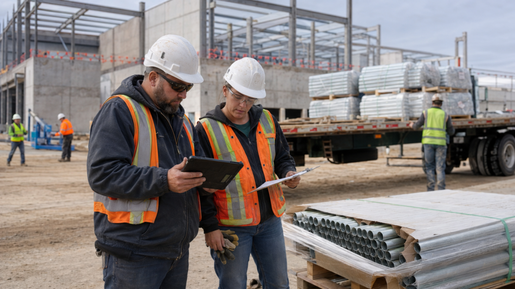 Project team reviewing procurement tracking on a construction site